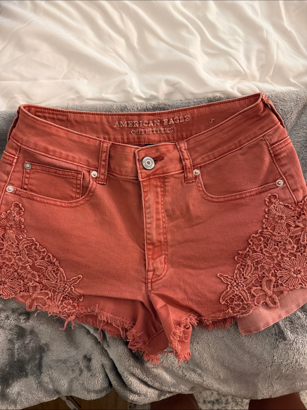 American Eagle Outfitters Rust Lace-Accent Denim Shorts